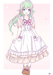 1girl apron cecile_leica_engel_berglund elf green_eyes green_hair highres iris_mysteria! k_(nura-rikuo) maid_apron maid_headdress pointy_ears ponytail ribbon