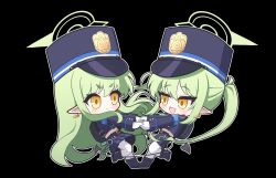 2girls :&lt; :d armband blue_archive blue_hat blue_jacket blue_skirt commentary_request demon_girl demon_tail gloves green_hair green_halo halo hat highres hikari_(blue_archive) holding_hands jacket jhsd looking_at_another multiple_girls nozomi_(blue_archive) open_mouth pantyhose pointy_ears siblings skirt smile tail white_gloves white_pantyhose