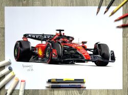 1boy anthony-c art_tools_in_frame artist_name car charles_leclerc colored_pencil commentary dated driving english_commentary ferrari formula_one formula_racer head_tilt helmet highres marker_(medium) motor_vehicle pencil photo_(medium) race_vehicle racecar real_life shell_(company) traditional_media vehicle_focus white_background