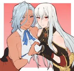2girls anastasia_palma asymmetrical_docking backless_outfit bare_shoulders blue_eyes blush body_blush breast_press breasts crossover dark-skinned_female dark_skin gloves hand_on_another&#039;s_hip heart heart_hands highres kenshin187 large_breasts lonerurouni187 long_hair looking_at_viewer medium_hair multiple_girls parted_lips red_eyes sakura_taisen sega selvaria_bles senjou_no_valkyria_(series) shin_sakura_taisen shiny_skin sideboob smile white_hair