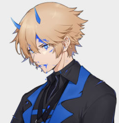 anchun_(quail0503) bleeding blonde_hair blood blue_blood blue_eyes colored_blood glaring gunshot_wound highres horns injury lee:_palefire_(pgr) lee_(pgr) male_focus nosebleed punishing:_gray_raven torn_clothes