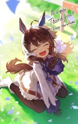 1girl :d absurdres ahoge animal_ears artist_name black_gloves black_pantyhose blurry blurry_background boots brown_hair closed_eyes commentary_request commission confetti crying daring_tact_(umamusume) dress facing_viewer full_body gloves hair_ribbon harufude highres horse_ears horse_girl horse_tail jacket light_particles long_hair long_sidelocks long_sleeves on_grass open_clothes open_jacket open_mouth pantyhose purple_dress ribbon sidelocks sitting skeb_commission smile solo tail thank_you umamusume w wariza white_boots white_jacket white_ribbon wide_sleeves