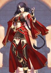 1girl bare_shoulders black_hair blue_eyes boots braid breasts breasts_apart brown_boots brown_gloves brown_shirt brown_skirt closed_mouth crop_top dagger detached_sleeves expressionless fate/grand_order fate_(series) fingerless_gloves floating_hair foot_out_of_frame game_cg gloves grey_eyes hair_tie halterneck hand_on_own_hip hand_up head_tilt hephaestion_(fate) heterochromia high_heel_boots high_heels knife leg_up long_hair long_sleeves looking_at_viewer medium_breasts miniskirt navel official_art parted_bangs pleated_skirt red_sash red_sleeves sakamoto_mineji sash sheath sheathed shirt short_hair_with_long_locks single_braid skirt solo standing standing_on_one_leg swept_bangs thigh_boots third-party_source variant_set very_long_hair waist_cape weapon wide_sleeves