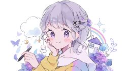 1girl absurdres blush_stickers bow bowtie bug butterfly chimney closed_mouth cloud commentary commentary_request crescent door doorknob double-parted_bangs english_commentary english_text fence flower four-pointed_star ghost grey_hair hair_flower hair_ornament half_updo hand_on_own_cheek hand_on_own_face highres holding holding_stylus hood hoodie house insect letter_hair_ornament long_sleeves looking_at_viewer medium_hair mixed-language_commentary napo_(napo_illust) original picket_fence profile puffy_long_sleeves puffy_sleeves purple_bow purple_bowtie purple_eyes purple_flower rain rainbow sidelocks simple_background smile solo sparkle split_mouth star_(symbol) stylus tree water_drop white_background window wooden_fence x_hair_ornament yellow_hoodie