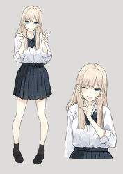 blonde_hair blue_eyes blush bow bowtie double_v earrings gyaru highres jewelry nanonanno one_eye_closed original pleated_skirt school_uniform skirt smile socks teasing tongue tongue_out v