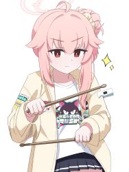 &gt;:) 1girl absurdres ahoge black_skirt blue_archive bright_pupils commentary_request cowboy_shot drumsticks hair_between_eyes hair_bun hair_flaps hair_ornament hair_scrunchie halo highres holding holding_drumsticks jacket long_hair looking_at_viewer microskirt momoenoekaki natsu_(band)_(blue_archive) natsu_(blue_archive) official_alternate_costume official_alternate_hairstyle open_clothes open_jacket pink_hair pink_halo pleated_skirt print_shirt red_eyes scrunchie shirt sidelocks skirt solo t-shirt v-shaped_eyebrows white_pupils white_shirt yellow_jacket yellow_scrunchie