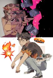 1girl 2boys black_hair black_shirt black_shoes chibi commentary_request dark-skinned_female dark_skin disventure_camp dokusuji_(kw9onou58) earrings emoji eyewear_on_head flame_print glitch green_hair grey_pants hair_bun heart highres jewelry kai_(disventure_camp) multiple_boys necklace pants pearl_necklace pink-tinted_eyewear pixel_heart riya_(disventure_camp) shirt shoes squatting stage_lights strapless strapless_shirt tinted_eyewear yellow-framed_eyewear yellow_shirt yul_(disventure_camp)