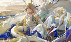 1girl arknights blazpu blonde_hair blue_hair collar colored_extremities dragon dragon_girl dragon_horns dragon_tail earrings eastern_dragon_tail eyeliner grey_hair hair_intakes hand_on_own_chin horns jacket jewelry long_hair makeup multicolored_hair pants parted_lips pointy_ears red_eyeliner shirt shu_(arknights) sitting solo strapless strapless_shirt tail tassel tassel_earrings tube_top turning_head white_jacket white_pants white_tube_top yellow_hands