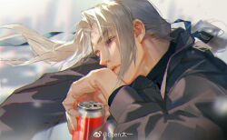1boy bishounen black_shirt blurry blurry_background can drink_can grey_hair hair_ribbon holding holding_can jacket long_hair long_sleeves low_ponytail male_focus original oten parted_bangs parted_lips ponytail ribbon shirt soda_can solo upper_body watermark weibo_watermark white_hair wind