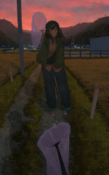 2girls arms_behind_back baseball_cap blush brown_hair bug butterfly_net closed_eyes dragonfly evening field grass grin hand_net hat highres insect long_hair multiple_girls natsuno_kanasemi original out_of_frame outdoors pants pov rural scenery shadow smile standing sunset