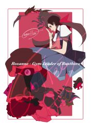 1girl absurdres armaldo ascot border brown_hair cccacademia character_name commentary_request creatures_(company) dress eyelashes game_freak gen_1_pokemon gen_3_pokemon gen_4_pokemon golem grey_dress hand_up highres index_finger_raised kabutops long_hair nintendo omastar pink_ascot pink_background pokemon pokemon_(creature) pokemon_oras probopass relicanth roxanne_(pokemon) shirt short_sleeves signature smile twintails white_border white_shirt