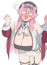 &lt;|&gt;_&lt;|&gt; 1girl animal_ear_fluff animal_ears black_tube_top blush breasts cleavage full-face_blush goggles goggles_on_head hair_intakes hat highres hintobento hololive hololive_english huge_breasts long_hair looking_at_viewer multicolored_hair open_mouth panther_ears panther_girl panther_tail pink_hair raora_panthera raora_panthera_(1st_costume) solo strapless streaked_hair tail thick_thighs thighs tube_top vest virtual_youtuber white_background white_vest