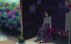 1girl animated animated_gif arm_support bench blouse bus_stop casual dithering flats flower hydrangea leaning_back long_skirt looking_down outdoors pixel_art plant poster_(object) puddle purple_skirt rain red_umbrella road_sign rose setamo_map shirt sign sitting skirt slice_of_life umbrella white_flower white_rose white_shirt