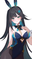 Rule 34 | 1girl, abigail (black survival), abigail (poker face) (black survival), absurdres, animal ears, bare shoulders, black hair, black survival, blue hair, blue leotard, blush, bow, bowtie, breasts, brown pantyhose, cleavage, closed mouth, colored inner hair, covered navel, cowboy shot, cutout above navel, detached collar, eternal return: black survival, fake animal ears, green eyes, hand up, hashtag-only commentary, highleg, highleg leotard, highres, large breasts, leotard, long hair, looking at viewer, multicolored hair, official alternate costume, one side up, pantyhose, rabbit ears, simple background, solo, strapless, strapless leotard, streaked hair, sweat, two-tone hair, very long hair, white background, wrist cuffs, yireh