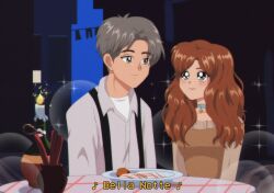 Rule 34 | 1boy, 1girl, blue eyes, brenni murasaki, brown eyes, brown hair, candle, dress, food, humanization, lady (disney), lady and the tramp, long hair, meatball, night, pasta, short hair, smile, spaghetti, spaghetti and meatballs, table, tramp (disney)