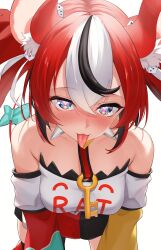 1girl absurdres animal_ear_fluff animal_ears asymmetrical_sleeves black_hair black_skirt blue_eyes blush bow breasts cheese collar dice_hair_ornament food hair_ornament hakos_baelz hakos_baelz_(1st_costume) heart heart-shaped_pupils highres hololive hololive_english ilie_ilie jewelry key key_necklace large_breasts long_hair looking_at_viewer mismatched_sleeves mouse_ears mouse_girl mouse_tail multicolored_hair multicolored_skirt necklace red_hair red_skirt red_sleeves shirt skirt solo spiked_collar spikes streaked_hair symbol-shaped_pupils tail tail_bow tail_ornament tongue tongue_out twintails virtual_youtuber white_hair white_shirt white_skirt yellow_sleeves