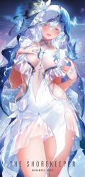 1girl artist_name blue_hair blue_nails blue_veil breasts character_name colored_eyelashes commentary covered_collarbone cowboy_shot dated fingernails hand_on_own_chest large_breasts light_blush long_hair looking_at_viewer nail_polish open_mouth purple_eyes shorekeeper_(wuthering_waves) smile solo two-tone_veil veil white_veil wuthering_waves xxinainaxx