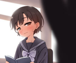 1boy 1girl backlighting black_hair black_sailor_collar black_serafuku blurry blurry_foreground blush book bow bowtie broiler brown_eyes looking_at_penis nervous_sweating original penis sailor_collar school_uniform serafuku short_hair silhouette solo_focus sweat wavy_mouth window