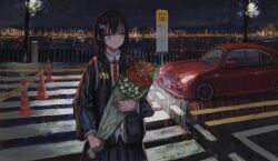 1girl black_hair black_jacket black_skirt bouquet car closed_mouth collared_shirt cowboy_shot crosswalk flower grey_eyes hair_ornament hairclip highres holding holding_bouquet jacket lake lamppost lanreta long_sleeves medium_hair motor_vehicle necktie night open_clothes open_jacket original outdoors parallel_hairclips pleated_skirt railing red_necktie road scenery shirt skirt sky solo standing traffic_cone white_shirt