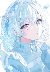 1girl absurdres apron blue_eyes blue_hair blue_nails blue_theme commentary_request frilled_apron frills grey_eyes hair_between_eyes hair_ornament hairclip hand_up harness haruhiruri heterochromia highres jacket jersey_maid long_sleeves looking_at_viewer maid nail_polish open_mouth original pill simple_background sleeves_past_wrists solo tenshi_kaiwai track_jacket two_side_up unconventional_maid upper_body v v_over_mouth white_apron white_background