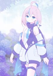 Rule 34 | 1girl, absurdres, ahoge, aqua eyes, black scarf, blue flower, blue hair, blue necktie, closed mouth, clothing cutout, colored inner hair, commission, cowboy shot, flower, gradient scarf, grey hair, highres, indie virtual youtuber, jacket, light smile, looking at viewer, mikoko1, multicolored hair, navel, navel cutout, necktie, open clothes, open jacket, oshino ripia, outdoors, scarf, short hair, skeb commission, solo, streaked hair, thigh strap, vest, virtual youtuber, white jacket