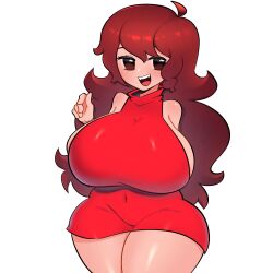 1girl animification blush breasts brown_hair covered_navel cowlick dress eyebrows_hidden_by_hair fangs friday_night_funkin&#039; girlfriend_(friday_night_funkin&#039;) halter_dress halterneck highres huge_breasts long_hair looking_at_viewer mishythesheep red_dress sideboob smile solo thick_thighs thighs very_long_hair white_background wide_hips