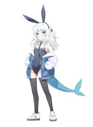 1girl absurdres alternate_costume animal_ears black_leotard black_necktie black_thighhighs blue_eyes blue_streaks blunt_bangs blush carrot_print detached_collar fake_animal_ears fins fish_tail food_print full_body gawr_gura groin hair_ornament hands_in_pockets heart heart_tattoo highres hololive hololive_english hood hoodie jacket leotard long_hair long_sidelocks multicolored_hair multicolored_jacket necktie nike_air_force_1 parted_lips playboy_bunny ponytail rabbit_hair_ornament shark_girl shark_hair_ornament shark_tail sidelocks solo strapless strapless_leotard streaked_hair sweatdrop tail tattoo thighhighs two-tone_jacket ugaaaa1 virtual_youtuber white_background white_hair white_hoodie