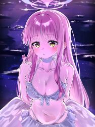 1girl absurdres bikini blue_archive blue_halo blush breasts choker collarbone feathered_wings gradient_halo hair_down halo highres large_breasts looking_at_viewer low_wings mika_(blue_archive) mika_(swimsuit)_(blue_archive) mint_ch multicolored_halo ocean pink_hair pink_halo reflection reflective_water solo star_(sky) swimsuit thong_bikini twirling_hair wet white_bikini white_choker wings yellow_eyes