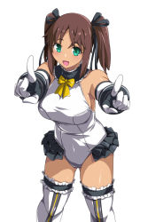 1girl alice_gear_aegis breasts brown_hair cosplay dark-skinned_female dark_skin dead_or_alive female_focus frilled_leotard frilled_thighhighs frills green_eyes highres kaneshiya_sitara large_breasts leotard long_hair looking_at_viewer marie_rose marie_rose_(cosplay) open_mouth pointing pointing_at_viewer simple_background smile solo thighhighs twintails white_background white_leotard white_thighhighs yukitaka