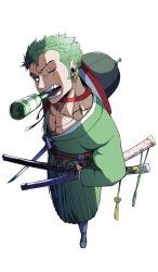 1boy absurdres bottle commentary_request earrings from_above full_body green_hair hanbok hat highres jewelry korean_clothes korean_commentary male_focus one_piece roronoa_zoro sash scar scar_across_eye scar_on_face short_hair sideburns simple_background solo stitched_torso stitches user_wgtw7488 white_background