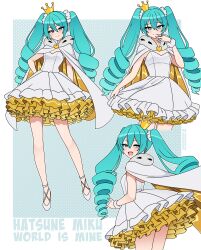 1girl absurdres aqua_background aqua_eyes aqua_hair arms_behind_back ballet_slippers bare_legs blush border breasts capelet character_name closed_mouth clothes_lift crown dress drill_hair floating_cape frilled_skirt frills from_behind fur-trimmed_capelet fur_trim gold_crown gold_dress hair_between_eyes hair_ornament hair_scrunchie halftone halftone_background hand_on_own_chin hand_up hatsune_miku heart heart-shaped_pupils highres legs_apart long_hair looking_at_viewer looking_back medium_breasts nico-neko open_mouth scrunchie short_dress skirt skirt_lift sleeveless sleeveless_dress smile smug song_name standing symbol-shaped_pupils twin_drills twintails twitter_username two-sided_capelet vocaloid white_background white_border white_capelet white_scrunchie world_is_mine_(vocaloid) wrist_scrunchie