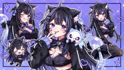 1girl :3 absurdres ahoge animal_ears black_hair black_shrug breasts cat_ears cat_tail cleavage closed_mouth commentary commission crop_top english_commentary grin highres ichiko_1234 indie_virtual_youtuber large_breasts long_hair long_sleeves looking_at_viewer midriff mole mole_on_breast multicolored_hair multiple_views navel nekrolina one_eye_closed purple_eyes purple_hair purple_shirt shirt shrug_(clothing) sleeveless sleeveless_shirt smile tail tongue tongue_out two-tone_hair vgen_commission virtual_youtuber