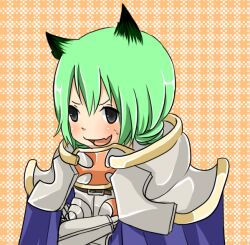 Rule 34 | 1girl, armor, blue cape, blush, breastplate, cape, commentary request, crossed arms, crusader (ragnarok online), fang, grey eyes, hair horns, looking at viewer, meiko (nattu303), open mouth, orange background, pauldrons, plaid background, ragnarok online, short hair, shoulder armor, skin fang, smile, solo, upper body, v-shaped eyebrows