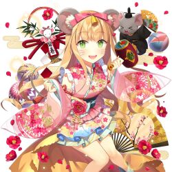 1girl animal animal_ears ball blonde_hair blunt_bangs detached_sleeves fake_animal_ears flower folding_fan frilled_kimono frills green_eyes hair_ribbon hammer hand_fan holding holding_hammer japanese_clothes kimono kimono_skirt lina_princella long_hair miracle_mallet mouse_(animal) mouse_ears off_shoulder pink_ribbon red_flower ribbon salt_(salty) sitting tassel temari_ball uchi_no_hime-sama_ga_ichiban_kawaii very_long_hair whiskers wide_sleeves