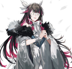 1girl angel_wings bandaged_arm bandages bare_shoulders black_fur blindfold blunt_bangs bow bowtie closed_mouth coat columbina_(genshin_impact) fatui_coat feathered_wings feathers floating fur-trimmed_coat fur_trim genshin_impact grey_coat hair_ornament hair_ribbon hands_up head_wings highres huge_bow long_hair multicolored_hair off_shoulder open_mouth own_hands_together purple_hair ribbon sidelocks simple_background sleeveless solo standing teeth two-tone_hair ueauwa upper_teeth_only wavy_hair white_background white_bow white_feathers white_ribbon white_wings wings