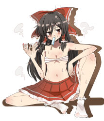 1girl afterimage blush bow break~ breasts brown_eyes brown_hair chest_sarashi chinese_commentary commentary_request fanning_self food food_in_mouth frilled_bow frilled_hair_tubes frilled_skirt frills hair_bow hair_tubes hakurei_reimu highres hot long_hair melting_popsicle motion_lines mouth_hold navel popsicle red_bow red_nails red_skirt sarashi sitting skirt socks solo stomach sweat touhou very_long_hair white_socks