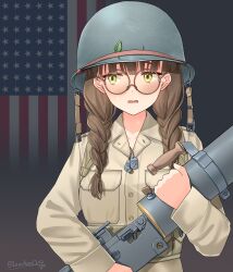 Rule 34 | 1girl, absurdres, american flag, american flag background, braid, breast pocket, brown hair, brown shirt, browning m1917, combat helmet, commentary, dog tags, flag background, glasses, green eyes, guadalcanal campaign, gun, heavy machine gun, helmet, highres, historical american flag, holding, holding gun, holding weapon, leochan1202, long hair, long sleeves, m1 helmet, machine gun, military, military uniform, open mouth, original, pocket, shirt, side braids, solo, twin braids, united states marine corps, upper body, weapon, world war ii