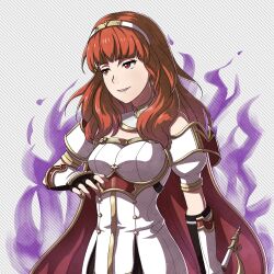1girl absurdres armor aura breastplate cape celica_(fire_emblem) celica_(imprisoned_soul)_(fire_emblem) choker dark_aura dress earrings enluna53 evil_smile fingerless_gloves fire_emblem fire_emblem_echoes:_shadows_of_valentia gloves highres holding holding_sword holding_weapon jewelry long_hair nintendo princess red_eyes red_hair smile sword tiara weapon white_armor white_dress witch