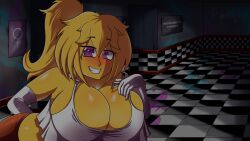 1girl arm_behind_back bathroom blonde_hair breasts chica cleavage colored_skin crop_top elbow_gloves five_nights_at_freddy&#039;s five_nights_in_anime:_after_hours_(fangame) five_nights_in_anime_(fangame) game_cg gloves hand_on_own_chest large_breasts looking_at_viewer midriff orange_pants pants ponytail purple_eyes shiny_skin smile solo venus_symbol white_gloves wollu yellow_skin