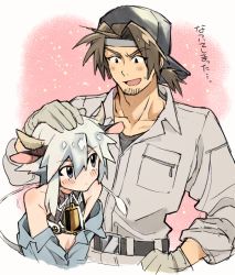 2boys animal_ears animal_print backwards_hat baseball_cap belt black_headwear brown_hair cow_boy cow_ears cow_horns cow_print cow_tail enotou_(enotou_moi) facial_hair farmer gloves grey_eyes grey_jumpsuit hand_on_own_hip hat headpat horns jacket jumpsuit looking_at_another male_focus multiple_boys off_shoulder original pink_background ponytail short_ponytail silver_hair simple_background stubble sweatdrop tail upper_body ushi-kun_(enotou_(enotou_moi))