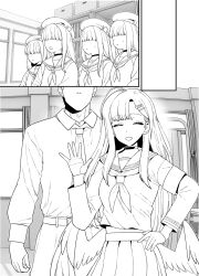 1boy 5girls beret blue_archive gloves hat ichika_(blue_archive) oversized_wings male_sensei_(blue_archive) mo_(kireinamo) monochrome multiple_girls room school_uniform sensei_(blue_archive) serafuku skirt twitter wings