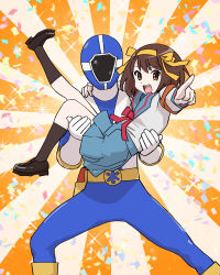 Rule 34 | 1boy, 1girl, black footwear, black socks, blue sailor collar, blue skirt, brown eyes, brown hair, carrying, carrying person, crossover, full body, go blue, hair ribbon, highres, kita high school uniform, kyuukyuu sentai gogofive, loafers, looking at viewer, open mouth, pointing, pointing at viewer, princess carry, ribbon, sailor collar, school uniform, serafuku, shirt, shoes, short hair, skirt, socks, super sentai, suzumiya haruhi, suzumiya haruhi no yuuutsu, ueyama michirou, white shirt, wristband, yellow ribbon