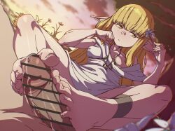 1boy 1girl animated barefoot blonde_hair covered_erect_nipples cum ejaculation erection feet flower footjob funen_gomi_m hetero highres long_hair male_pubic_hair parted_lips penis pointy_ears post_orgasm_torture pubic_hair serie_(sousou_no_frieren) smile smirk sousou_no_frieren tagme toes veins veiny_penis video yellow_eyes