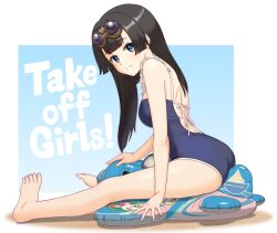 1girl azumasix bare_shoulders black_hair blue_eyes blue_one-piece_swimsuit breasts competition_school_swimsuit erica_(kouya_no_kotobuki_hikoutai) frilled_one-piece_swimsuit frills goggles goggles_on_head inflatable_raft inflatable_toy kouya_no_kotobuki_hikoutai medium_breasts one-piece_swimsuit plant school_swimsuit sitting solo swimsuit