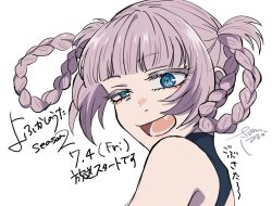 1girl bare_shoulders blue_eyes blunt_bangs braid braided_hair_rings commentary_request fang hair_rings highres looking_at_viewer looking_to_the_side nanakusa_nazuna_(yofukashi_no_uta) open_mouth pink_hair sagawa_haruka signature simple_background sleeveless smile solo translation_request white_background yofukashi_no_uta