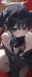 Rule 34 | 1girl, bare shoulders, black gloves, black hair, blue archive, blush, butterfly hair ornament, chinese commentary, closed mouth, commentary request, dragon print, gloves, grey eyes, hair bun, hair ornament, halo, hand on own chin, highres, kisaki (blue archive), knee up, looking at viewer, modare, off shoulder, pinstripe pattern, solo