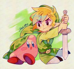 2boys blonde_hair blue_eyes blush blush_stickers closed_mouth copy_ability green_background green_hair green_tunic highres holding holding_sword holding_weapon kirby kirby_(series) link male_focus multiple_boys nintendo open_mouth pants pointy_ears red_shoes shoes short_hair sidelocks smile super_smash_bros. sword the_legend_of_zelda the_legend_of_zelda:_the_wind_waker tokuura toon_link tunic twitter_username weapon white_pants