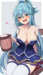 Rule 34 | 1girl, @ @, aqua (konosuba), areola slip, bare shoulders, beer mug, blue eyes, blue hair, blue shirt, blue skirt, blush, breasts, breasts apart, chair, collarbone, cup, drunk, grey background, heart, highres, kono subarashii sekai ni shukufuku wo!, long hair, looking at viewer, medium breasts, miniskirt, mug, on chair, open mouth, osa (osaosa), pleated skirt, shirt, simple background, sitting, skirt, sleeveless, sleeveless shirt, solo, strap slip, thighhighs, very long hair, white thighhighs, zettai ryouiki