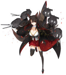 1girl akagi_(azur_lane) animal_ears azur_lane black_gloves black_thighhighs breasts brown_hair brown_tail cleavage commentary_request fox_ears fox_tail full_body gloves highres kitsune large_breasts long_hair long_sleeves looking_at_viewer metal_belt miniskirt partially_fingerless_gloves red_eyes red_skirt rigging rudder_footwear satsukitou ship_turret simple_background skirt solo tail thighhighs white_background wide_sleeves zettai_ryouiki