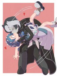&gt;_&lt; 1boy 1girl apron black_cape black_gloves black_hair black_jacket black_pants blue_bow blue_bowtie blue_eyes blue_hair blush boots border bow bowtie brown_shoes cape closed_eyes colored_skin dress gloves grey_hair grey_skin hair_between_eyes heart hetero highres hug jacket kiss leaning_forward long_sleeves looking_at_another made_in_abyss maid maid_headdress maruruk multicolored_hair ozen pants pink_background red_background shoes short_hair simple_background standing surprised sweatdrop trap two-tone_hair whistle whistle_around_neck white_border white_hair wide-eyed ximu_shilang